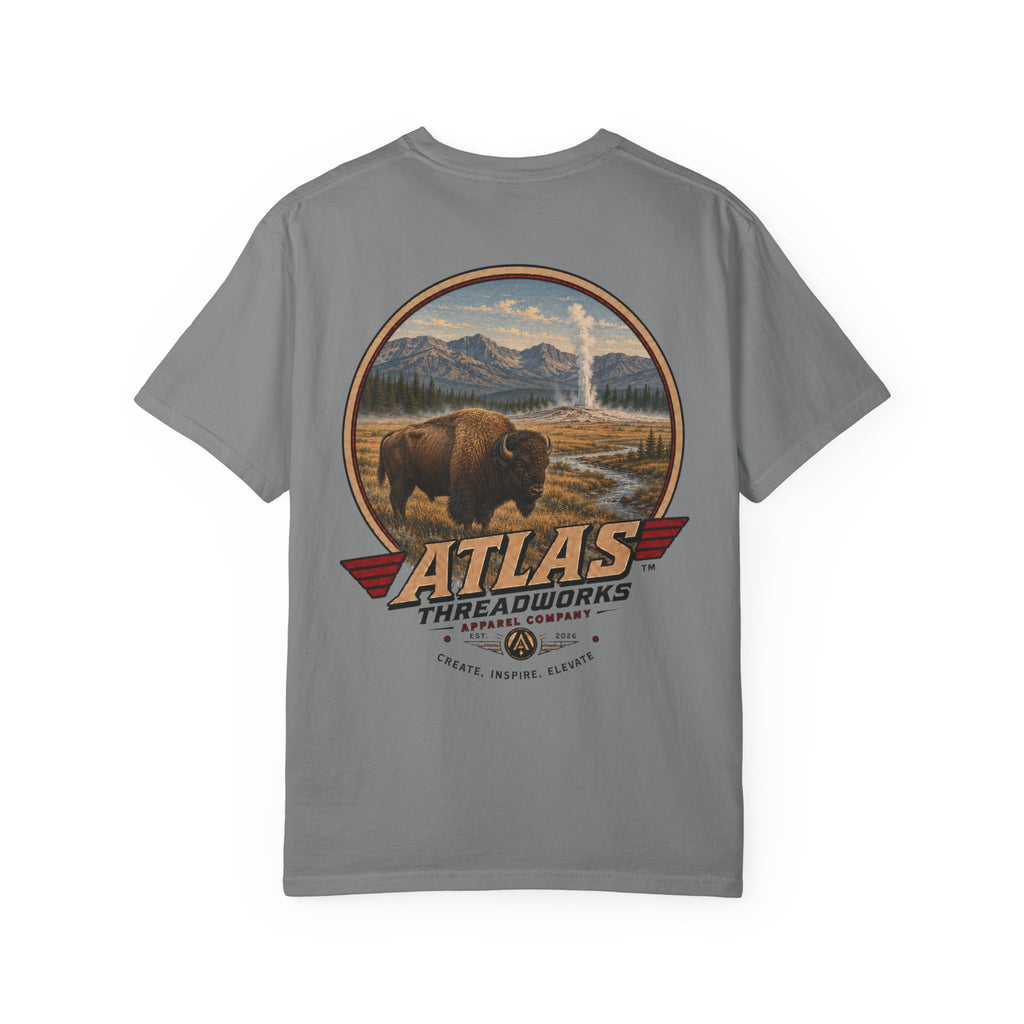 Atlas Threadworks Buffalo Landscape T-Shirt — Vintage Yellowstone Park Graphic Tee