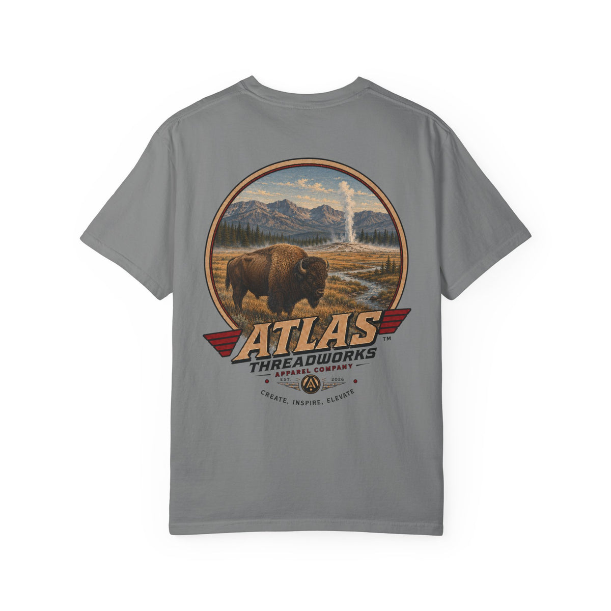 Atlas Threadworks Buffalo Landscape T-Shirt — Vintage Yellowstone Park Graphic Tee
