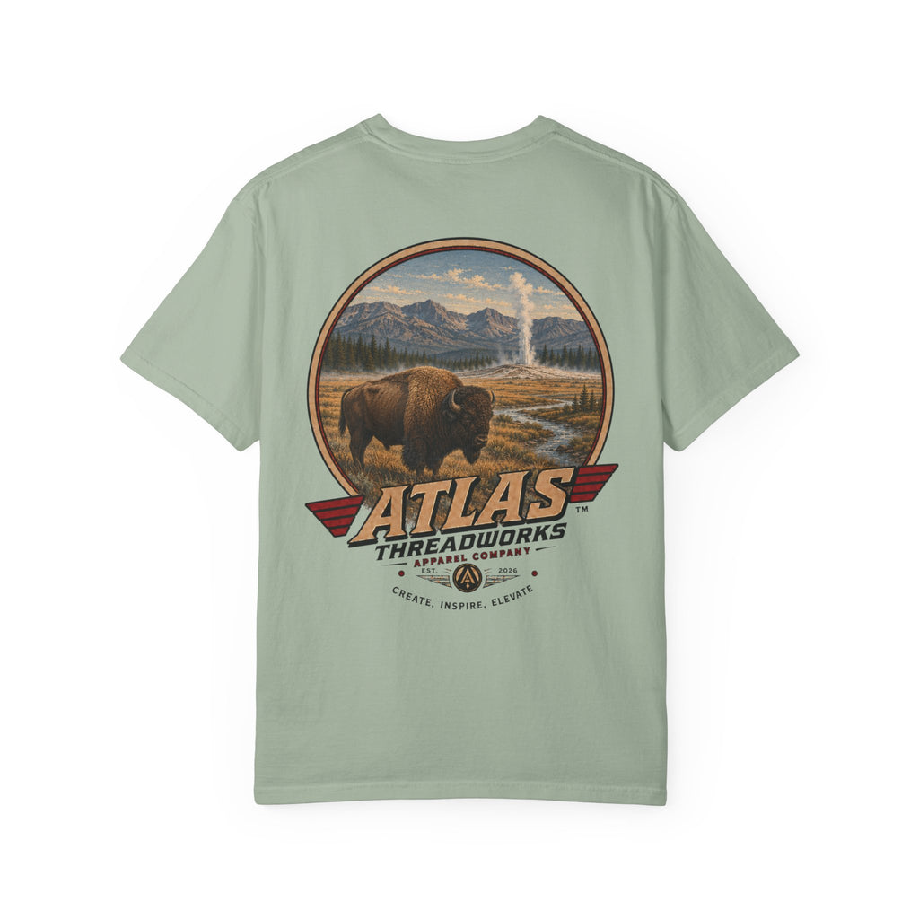 Atlas Threadworks Buffalo Landscape T-Shirt — Vintage Yellowstone Park Graphic Tee