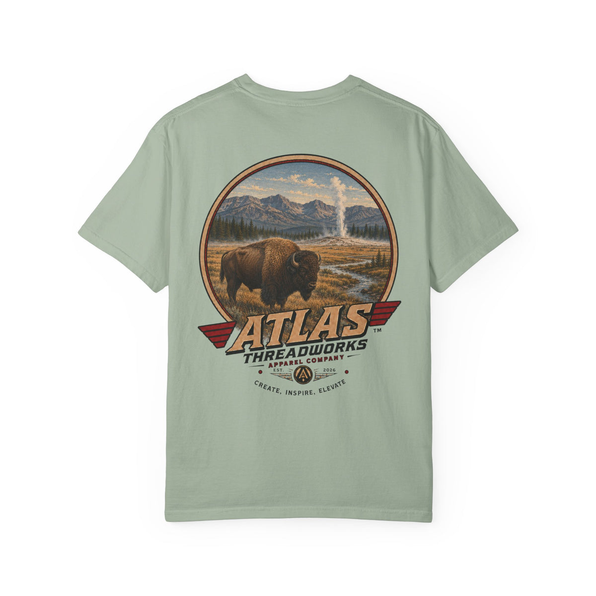 Atlas Threadworks Buffalo Landscape T-Shirt — Vintage Yellowstone Park Graphic Tee