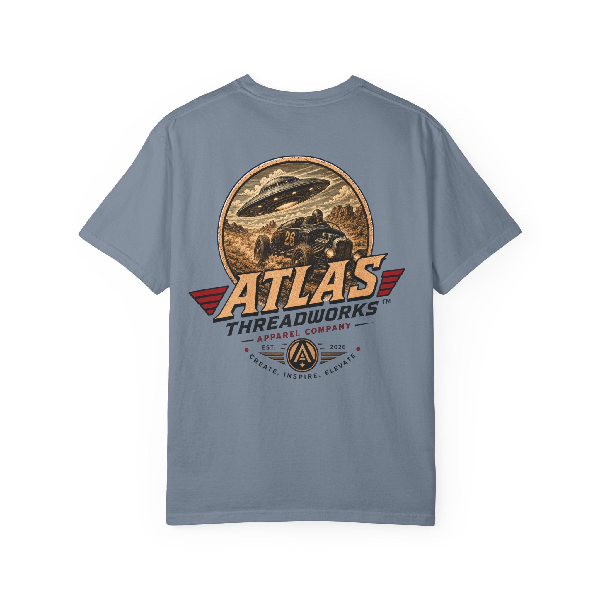 Atlas Threadworks Vintage Graphic T-Shirt — UFO & Hot Rod Retro Design