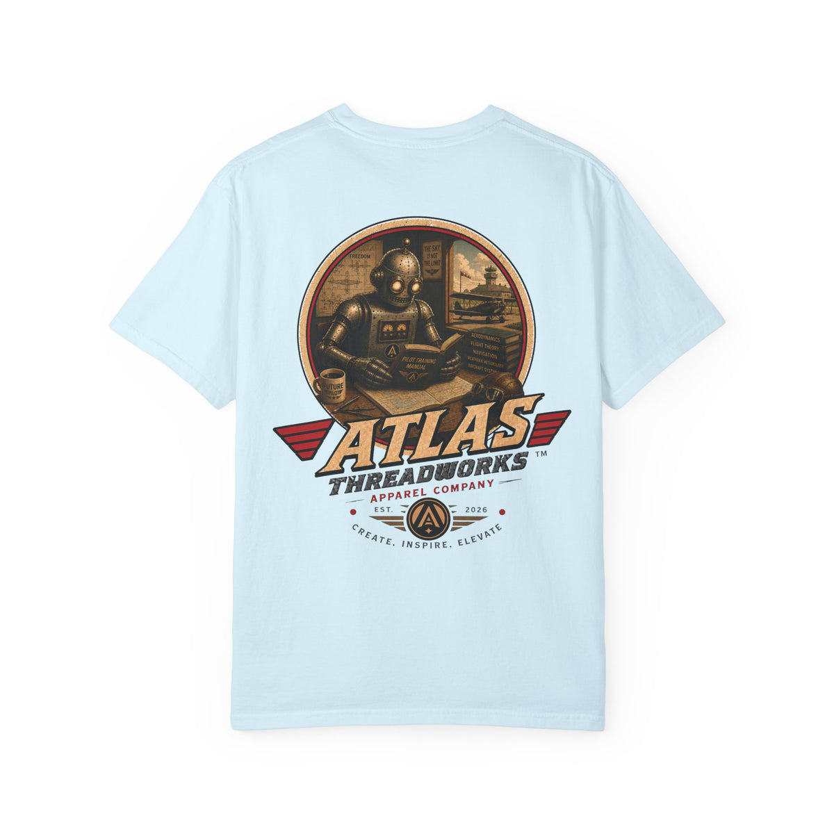 Atlas Threadworks Retro Robot Flight School Logo T‑Shirt