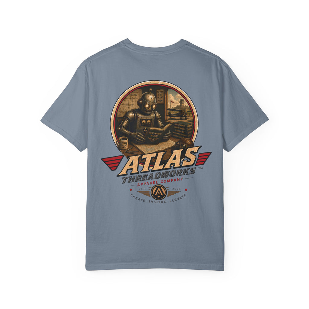 Atlas Threadworks Retro Robot Flight School Logo T‑Shirt