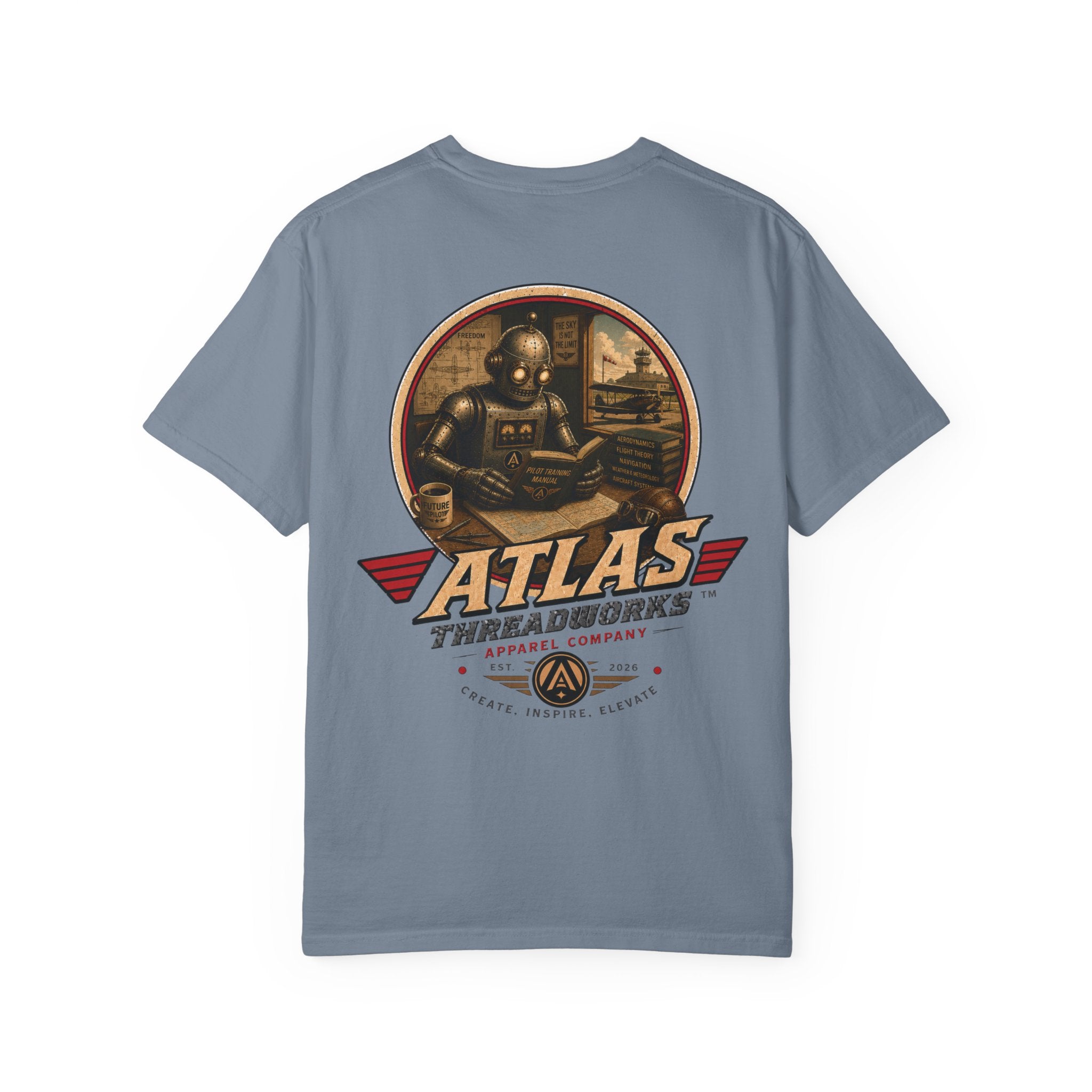 Atlas Threadworks Retro Robot Flight School Logo T‑Shirt