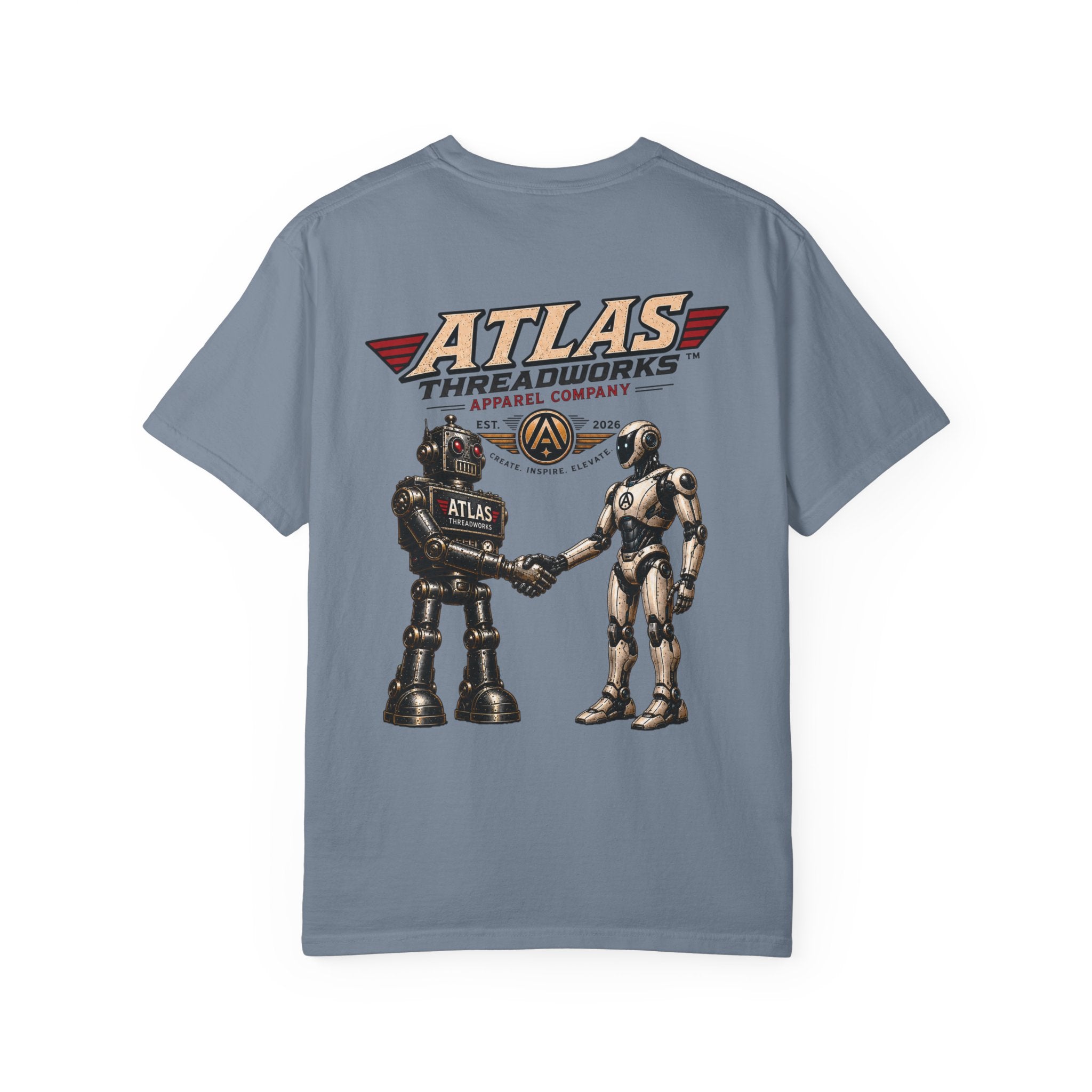 Atlas Threadworks Retro Robot T-Shirt — Vintage Logo & Handshake Graphic