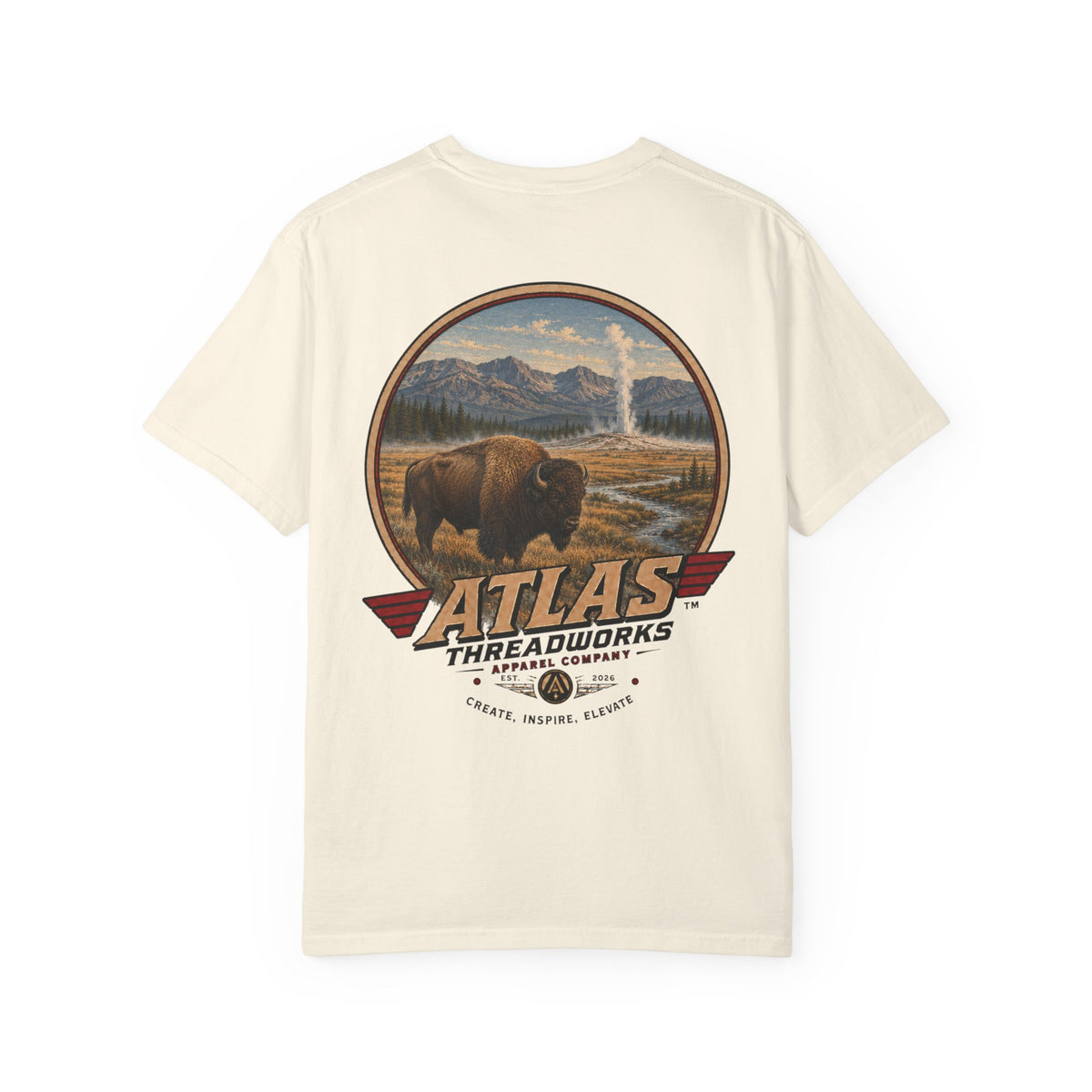 Atlas Threadworks Buffalo Landscape T-Shirt — Vintage Yellowstone Park Graphic Tee