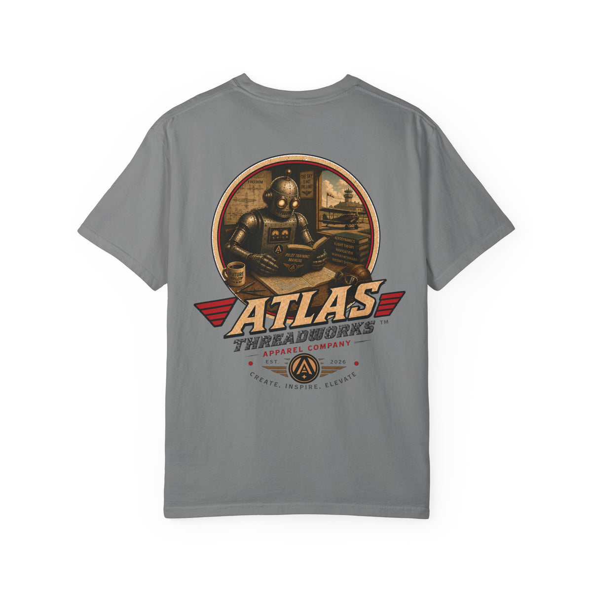 Atlas Threadworks Retro Robot Flight School Logo T‑Shirt