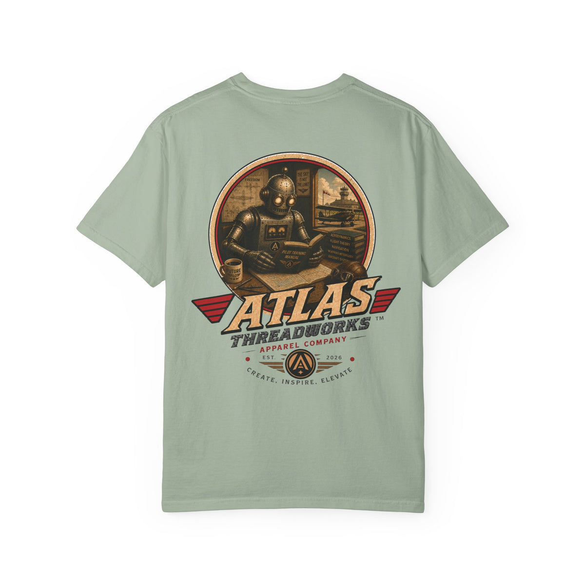 Atlas Threadworks Retro Robot Flight School Logo T‑Shirt