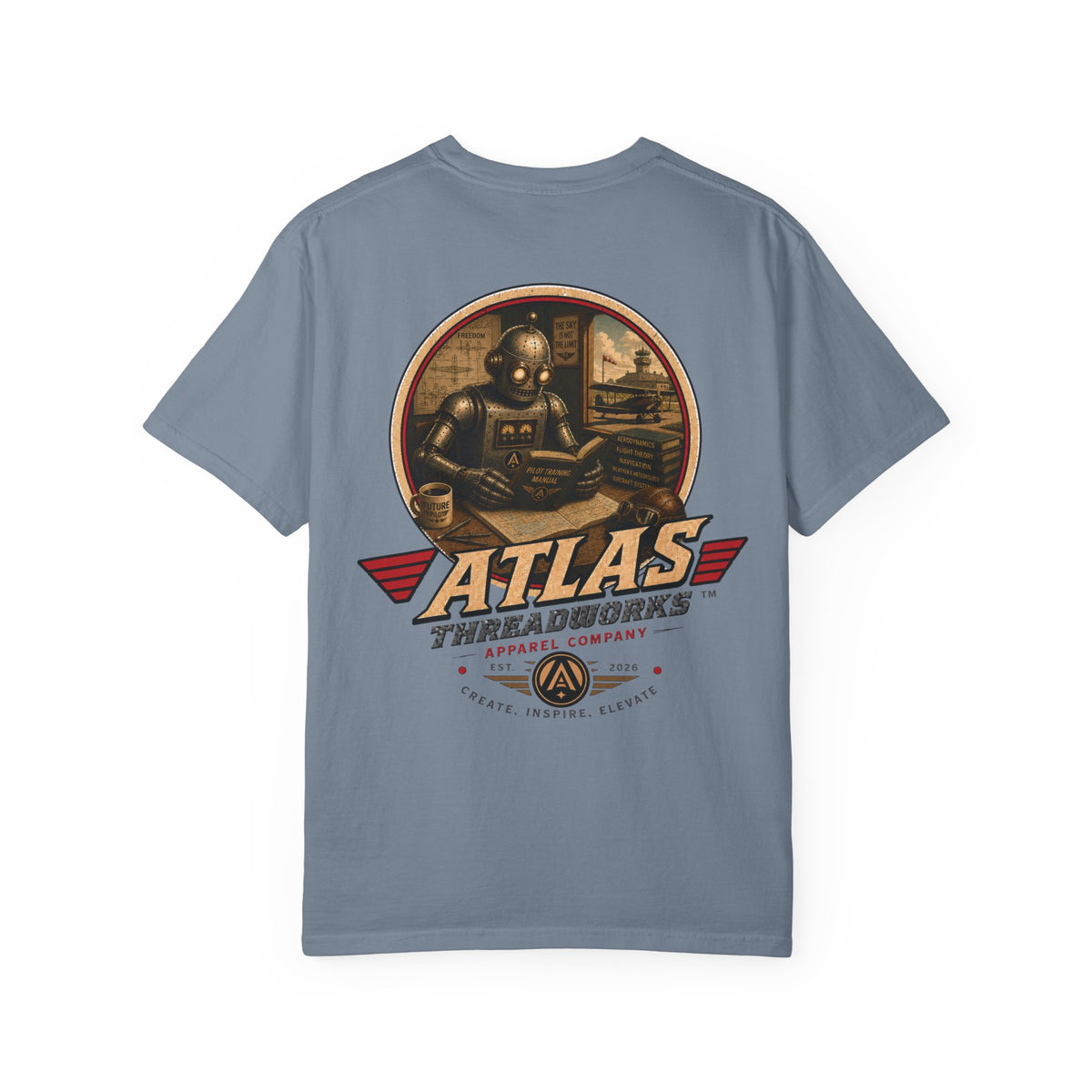 Atlas Threadworks Retro Robot Flight School Logo T‑Shirt