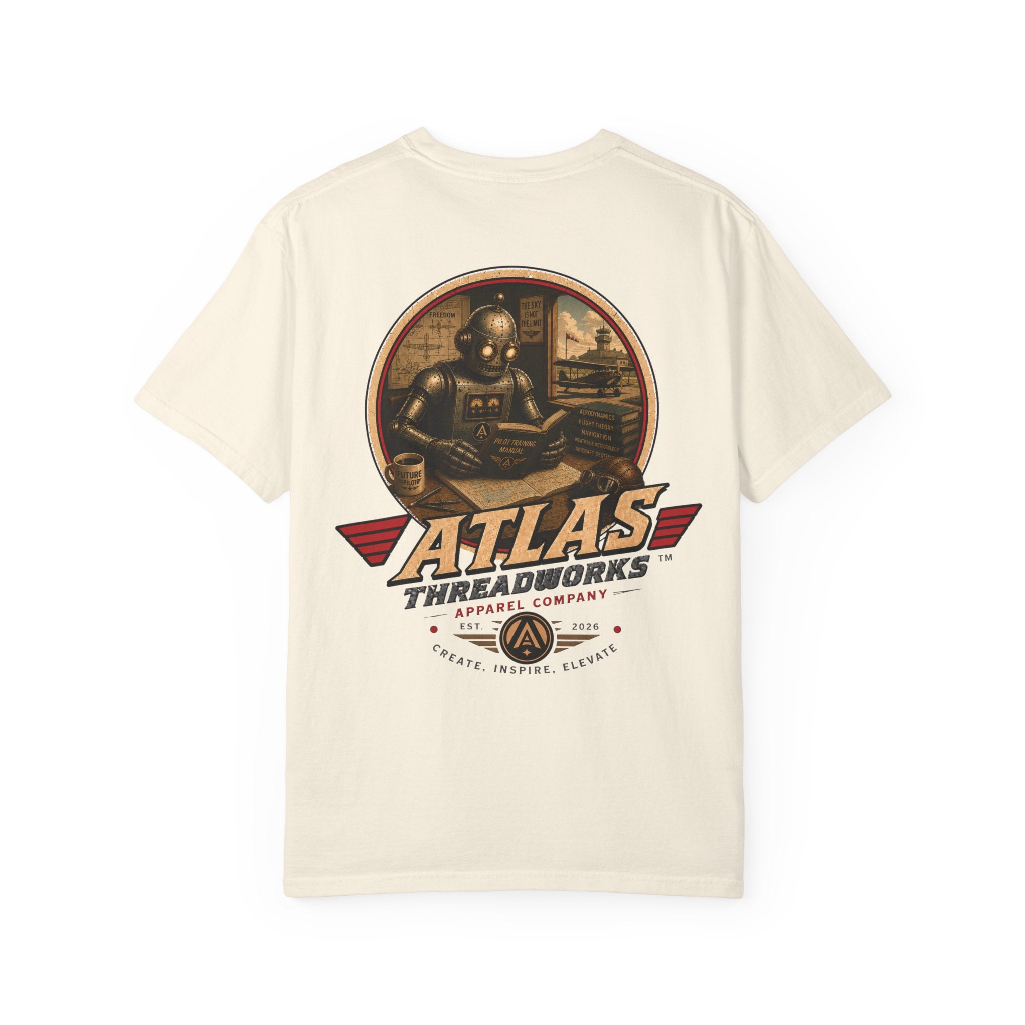 Atlas Threadworks Retro Robot Flight School Logo T‑Shirt
