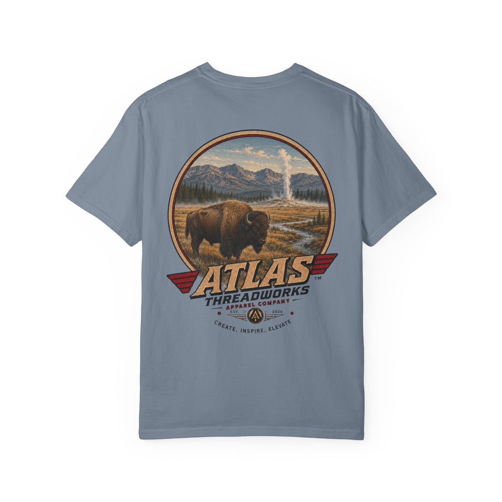 Atlas Threadworks Buffalo Landscape T-Shirt — Vintage Yellowstone Park Graphic Tee
