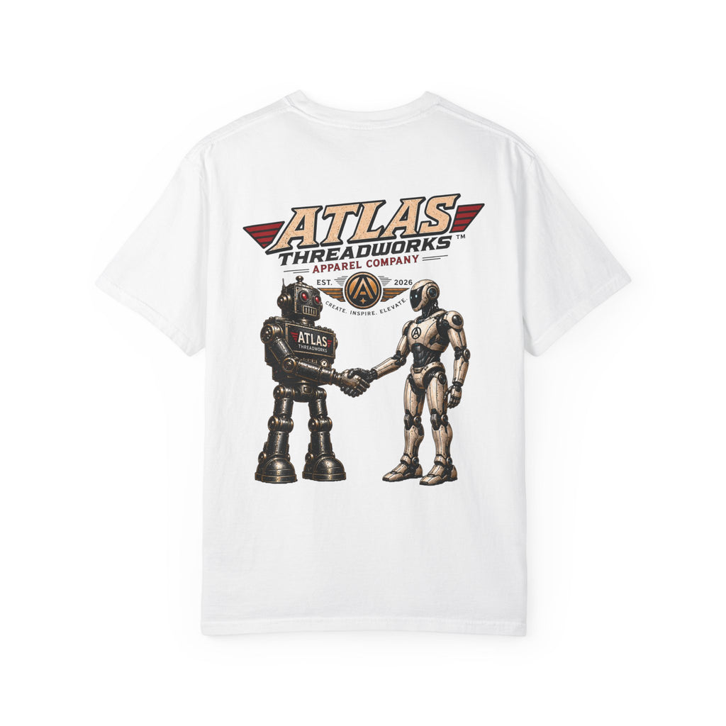 Atlas Threadworks Retro Robot T-Shirt — Vintage Logo & Handshake Graphic