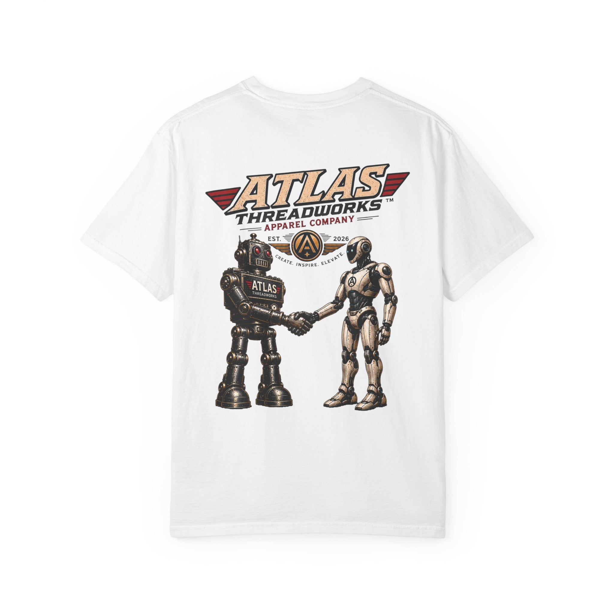 Atlas Threadworks Retro Robot T-Shirt — Vintage Logo & Handshake Graphic
