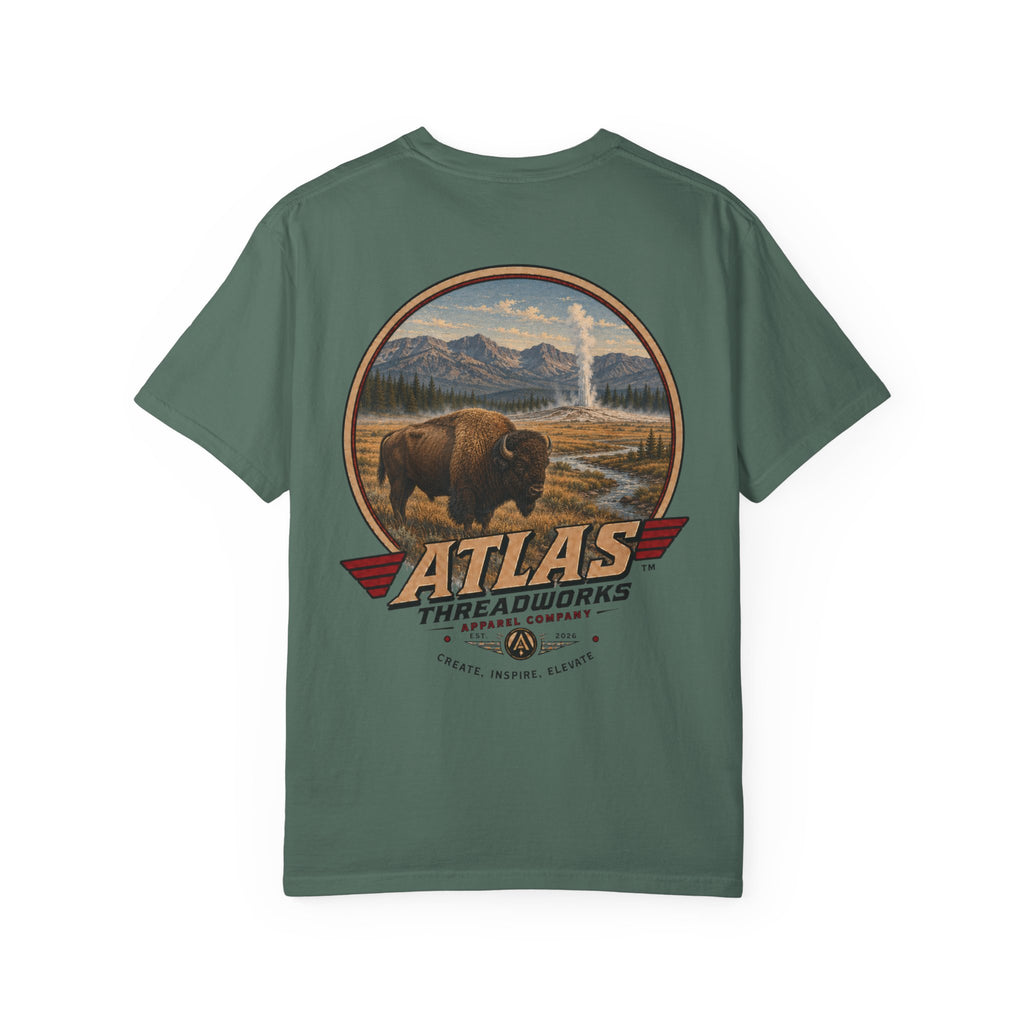Atlas Threadworks Buffalo Landscape T-Shirt — Vintage Yellowstone Park Graphic Tee