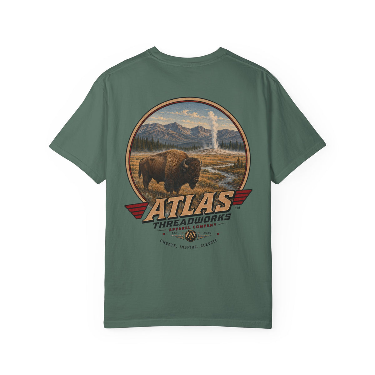 Atlas Threadworks Buffalo Landscape T-Shirt — Vintage Yellowstone Park Graphic Tee