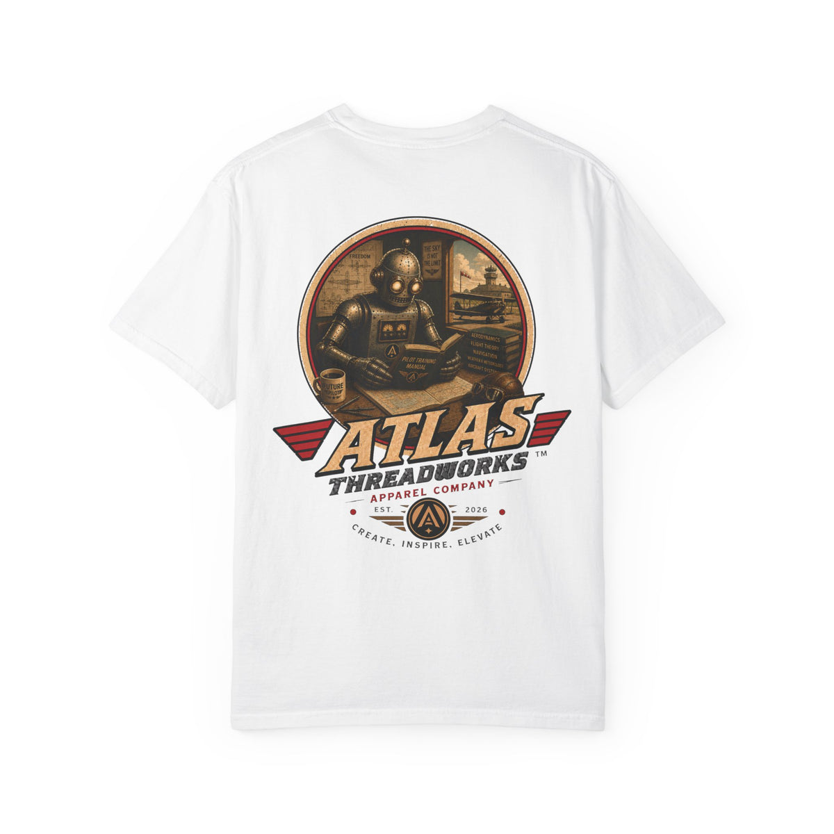Atlas Threadworks Retro Robot Flight School Logo T‑Shirt
