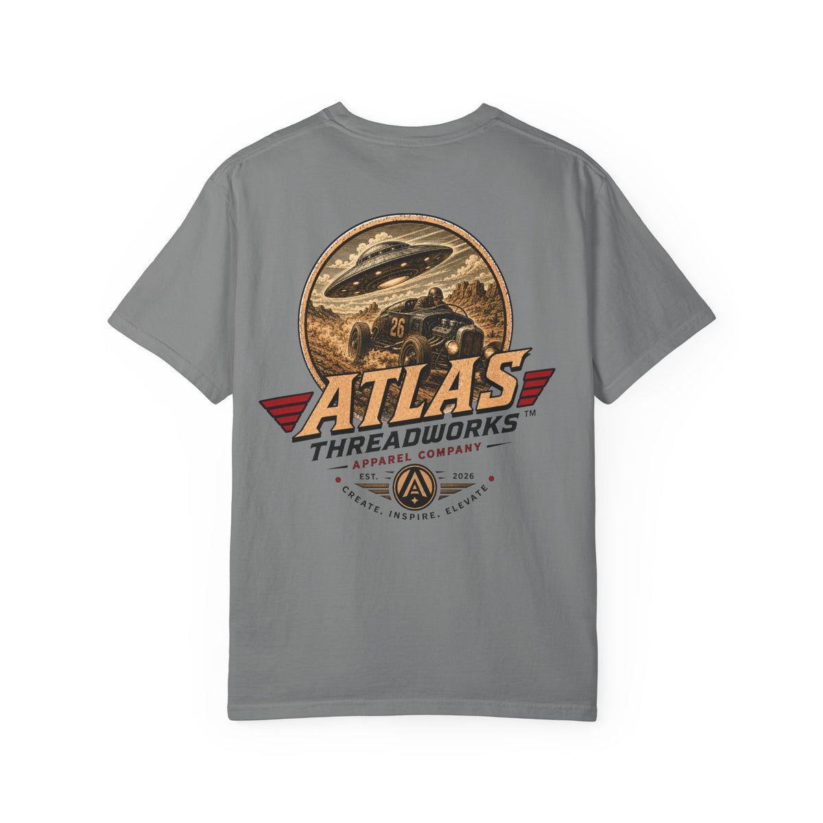 Atlas Threadworks Vintage Graphic T-Shirt — UFO & Hot Rod Retro Design