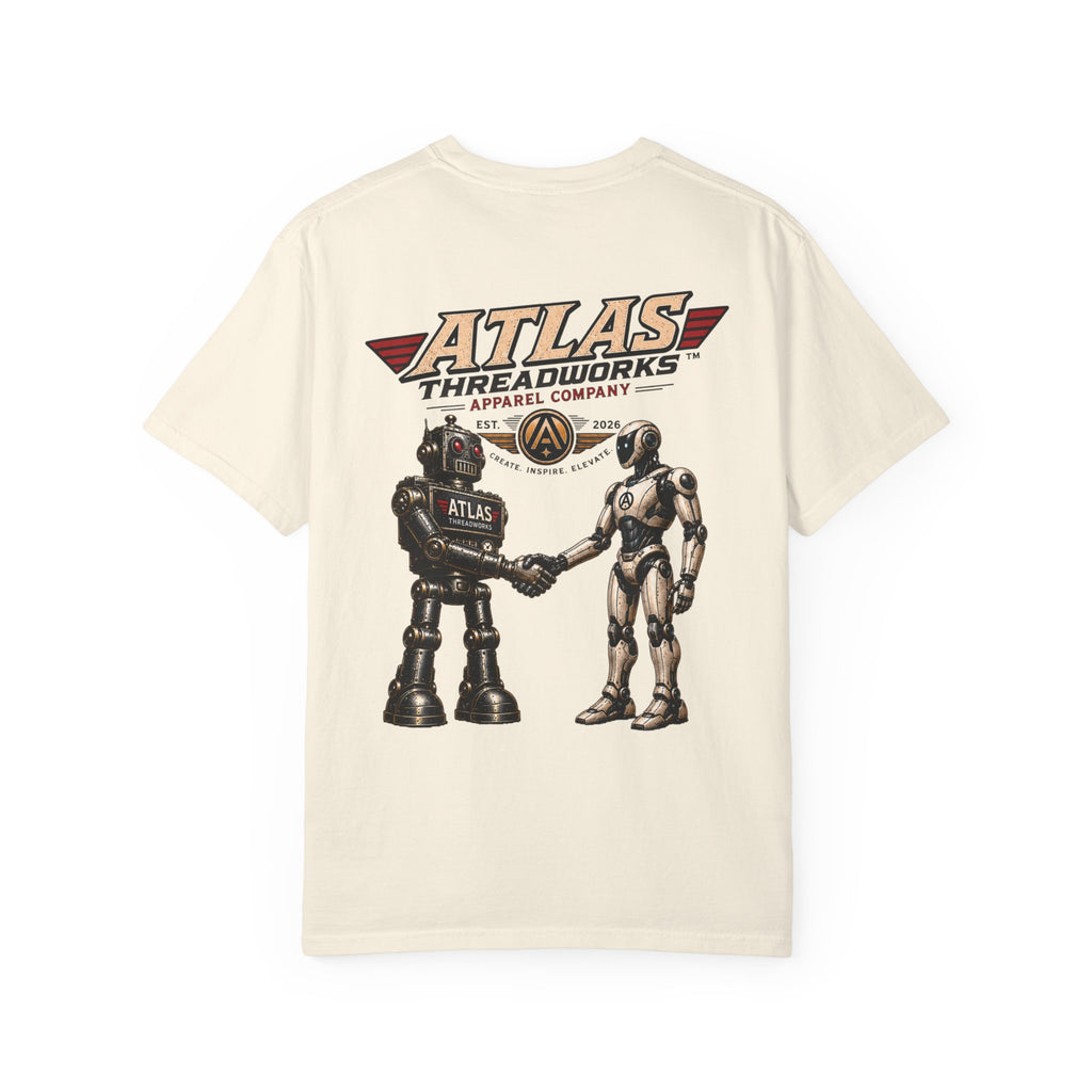 Atlas Threadworks Retro Robot T-Shirt — Vintage Logo & Handshake Graphic