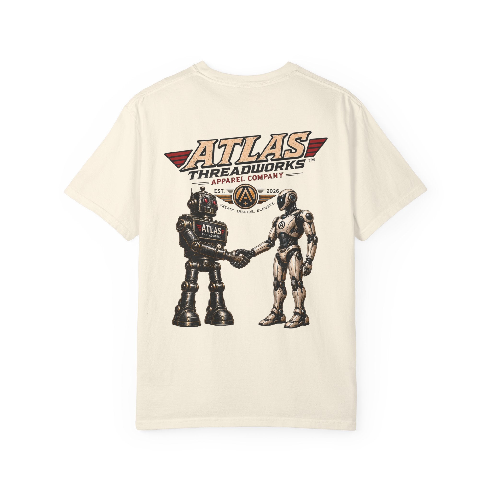 Atlas Threadworks Retro Robot T-Shirt — Vintage Logo & Handshake Graphic