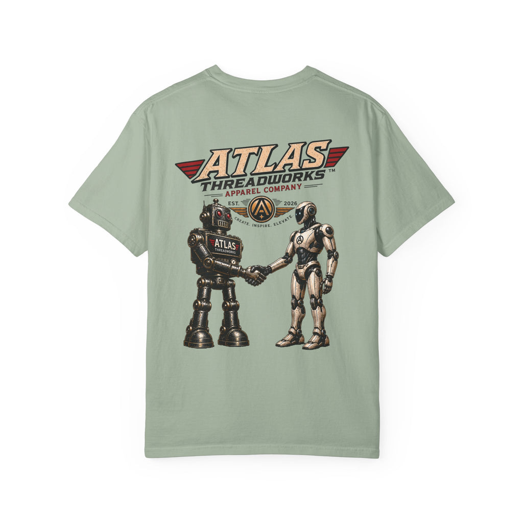 Atlas Threadworks Retro Robot T-Shirt — Vintage Logo & Handshake Graphic