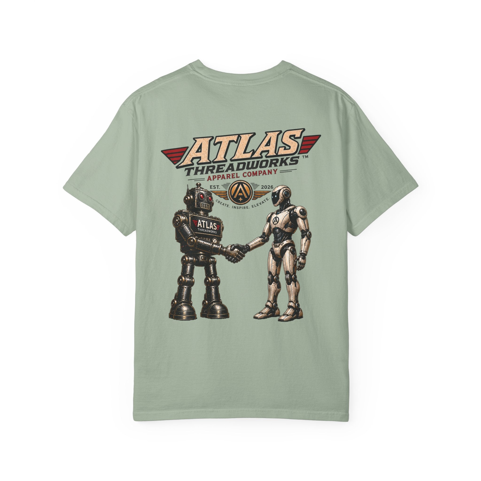Atlas Threadworks Retro Robot T-Shirt — Vintage Logo & Handshake Graphic
