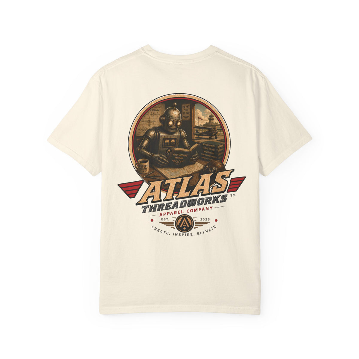 Atlas Threadworks Retro Robot Flight School Logo T‑Shirt