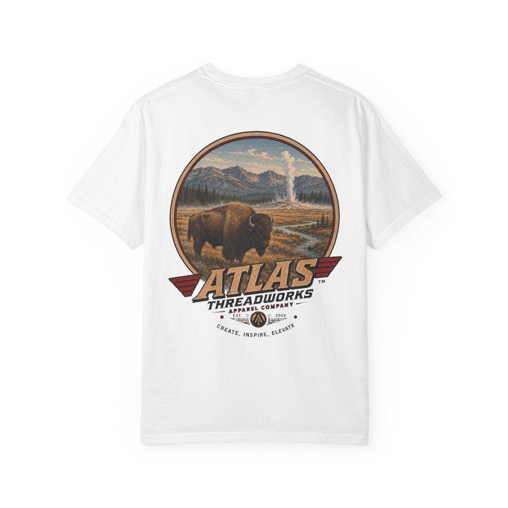 Atlas Threadworks Buffalo Landscape T-Shirt — Vintage Yellowstone Park Graphic Tee