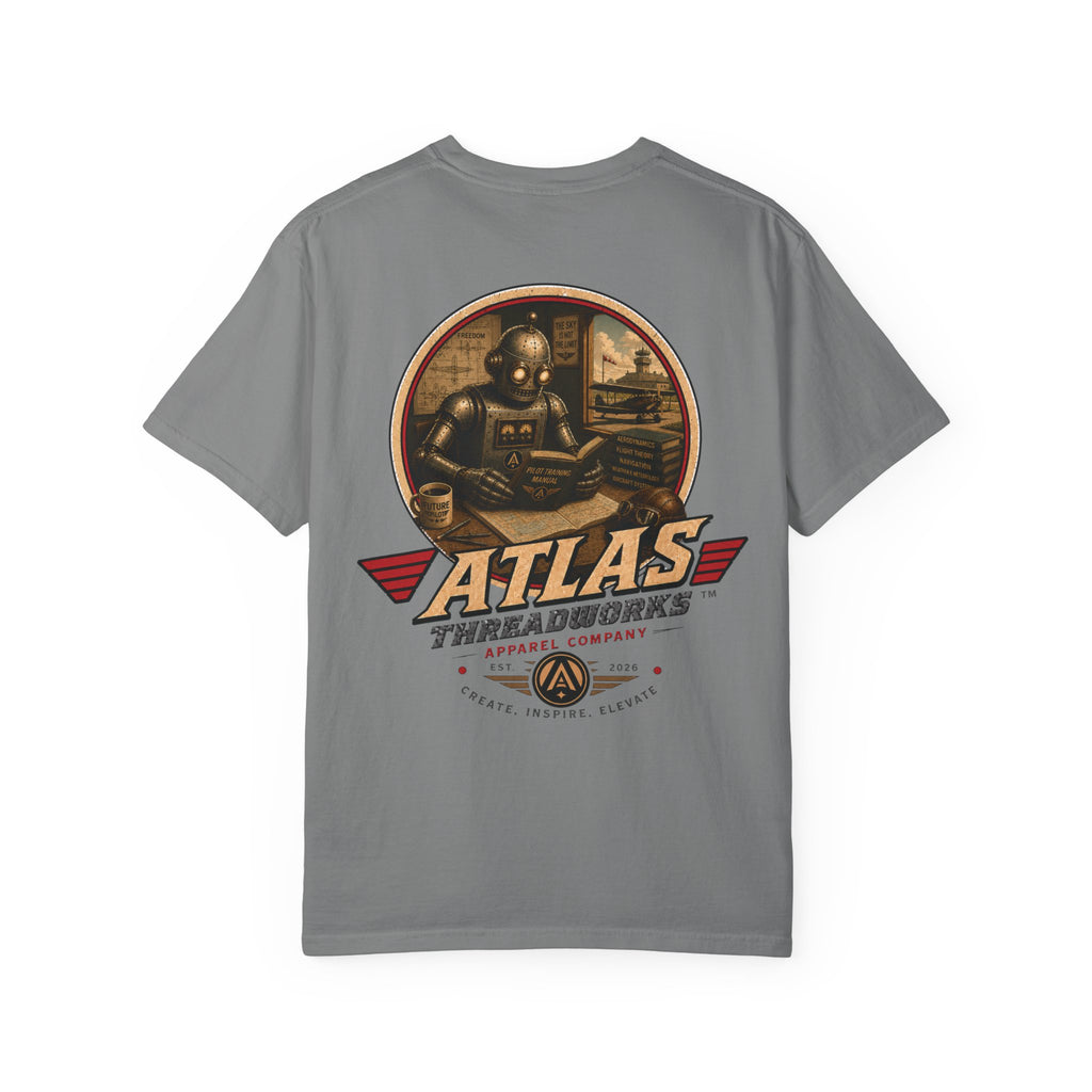 Atlas Threadworks Retro Robot Flight School Logo T‑Shirt