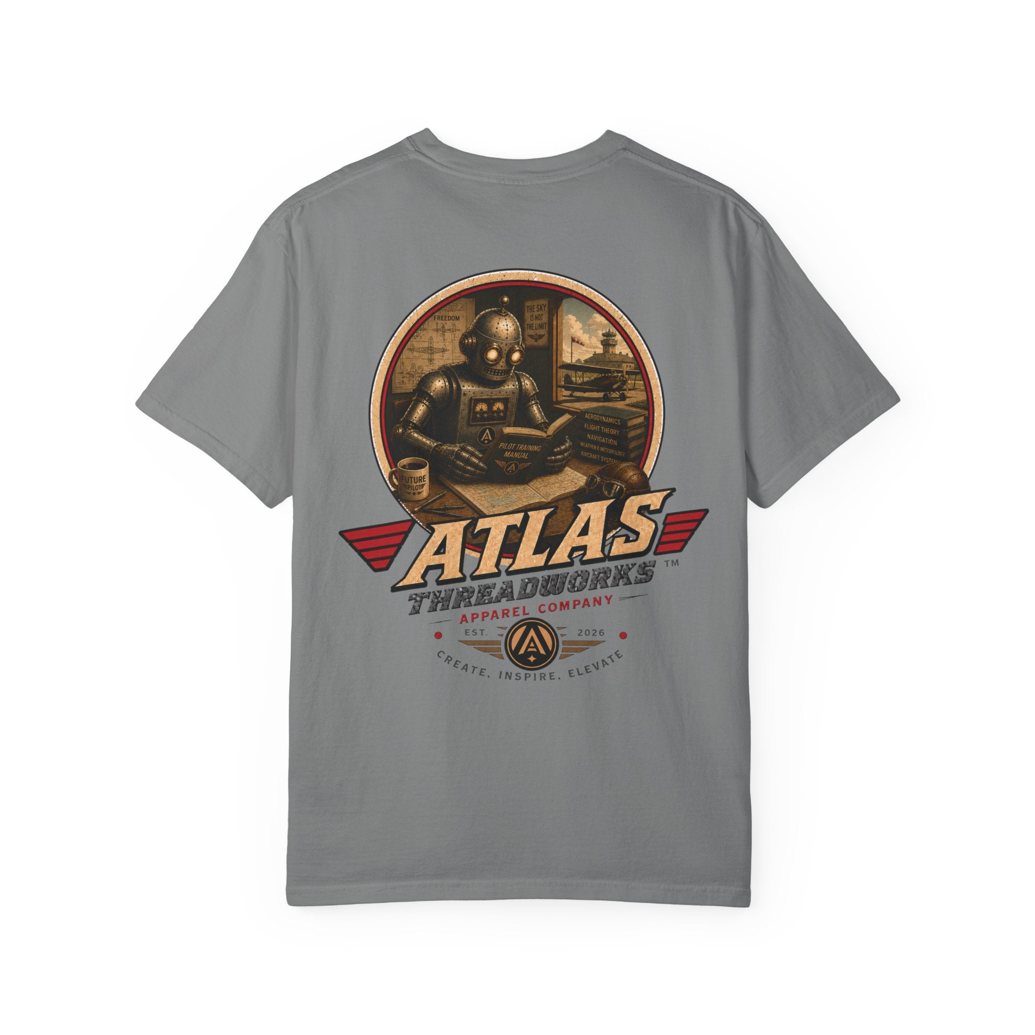 Atlas Threadworks Retro Robot Flight School Logo T‑Shirt