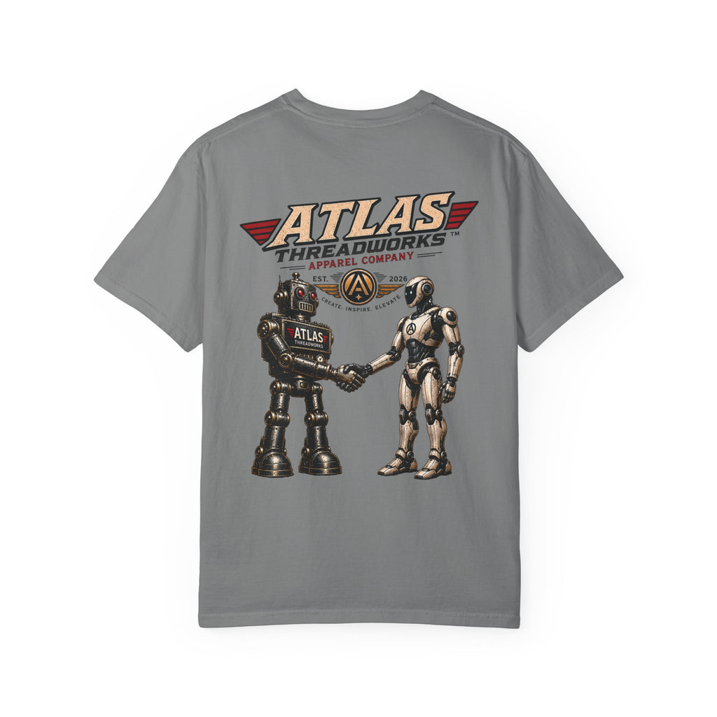 Atlas Threadworks Retro Robot T-Shirt — Vintage Logo & Handshake Graphic