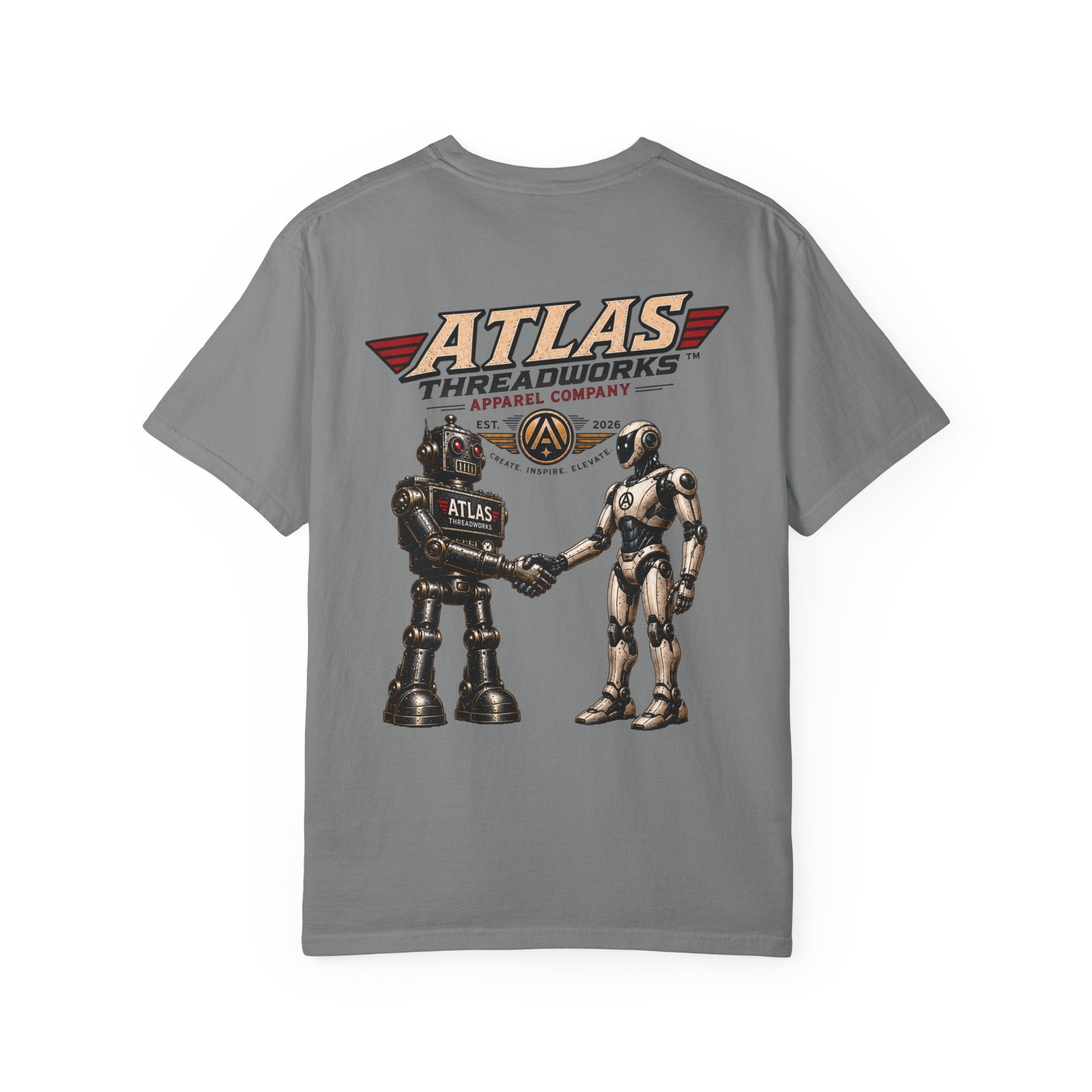 Atlas Threadworks Retro Robot T-Shirt — Vintage Logo & Handshake Graphic